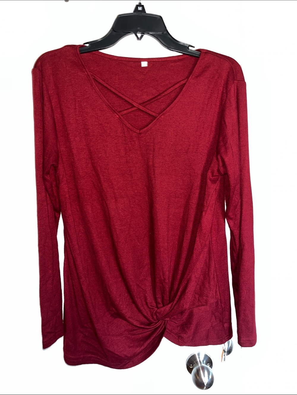 Women's Crisscross Knot Front Long Sleeve Top - Red